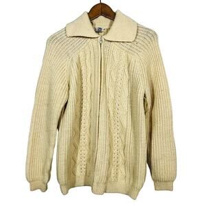 Vintage 70s Full Zip Cable Knit Heavy Wool Sweater Cream Long Sleeve - L